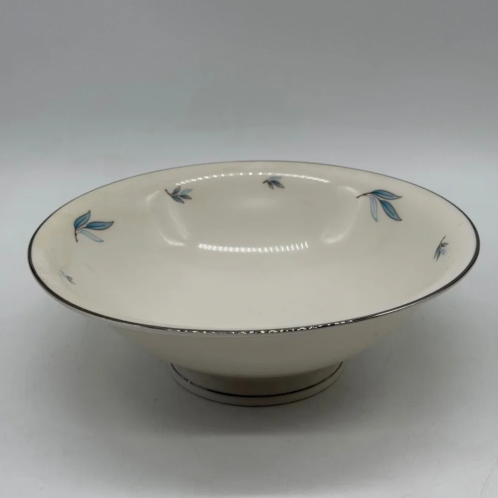 Syracuse China Celeste Serving Bowl Blue Leaf Silver Trim Vintage Made in USA